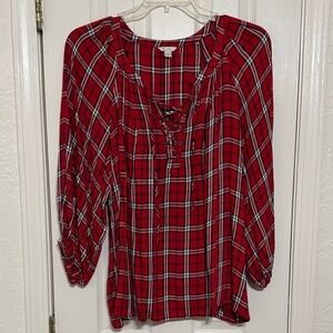 Women’s Red Plaid Lace-Up Blouse